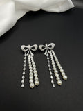 AndQ Bowknot Zircon Embedded Double Pearls Tassels Earrings