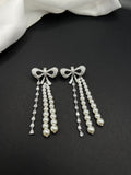 AndQ Bowknot Zircon Embedded Double Pearls Tassels Earrings