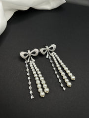 AndQ Bowknot Zircon Embedded Double Pearls Tassels Earrings