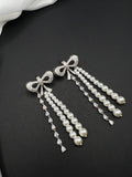 AndQ Bowknot Zircon Embedded Double Pearls Tassels Earrings