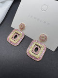 AndQ Pink and Light Yellow Classic Square Zircon Embedded Earrings